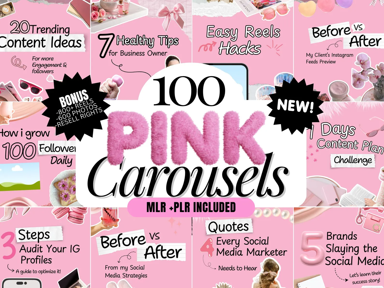 100 Pink Instagram Carousel Templates | Canva | PLR + MRR - Image 3